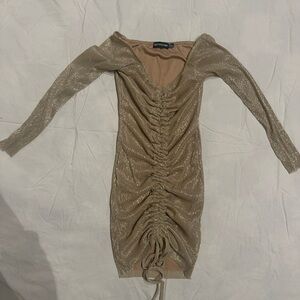 PrettyLittleThing Shimmering Gold Long Sleeve Dress